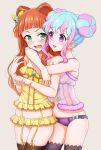  2girls :3 aikatsu!_(series) aikatsu_stars! arms_around_neck babydoll bangs bare_shoulders bell black_legwear blouse blunt_bangs blush bow bow_panties cowboy_shot double_bun doughnut_hair_bun embarrassed eyebrows_visible_through_hair eyelashes fang frilled_babydoll frilled_blouse frilled_legwear frilled_panties frills garter_straps green_eyes grey_background groin hair_bell hair_bow hair_cones hair_ornament hanazono_kirara hug hug_from_behind jingle_bell light_blue_hair lingerie looking_at_another lowleg lowleg_panties multicolored_hair multiple_girls open_mouth orange_hair panties pink_hair purple_babydoll purple_eyes purple_panties saotome_ako sidelocks sideways_glance simple_background smile spaghetti_strap strap_slip thighhighs tsundere two-tone_hair underwear yellow_blouse yellow_bow yoban yuri 