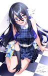  1girl belt black_hair blue_eyes checkered collared_shirt dip-dyed_hair glasses gloves grey_eyes hair_ribbon heterochromia highres long_hair nokachoco114 open_mouth original ribbon shirt sitting skirt sleeveless solo teeth white_background 