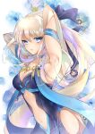  1girl armpits artist_request black_bow black_dress blonde_hair blue_bow blue_eyes blue_neckwear bow choker clothing_cutout dress fate/grand_order fate_(series) floral_background flower hair_bow highres long_hair looking_at_viewer morgan_le_fay_(fate) multicolored_hair navel navel_cutout parted_lips ponytail purple_hair solo upper_body 