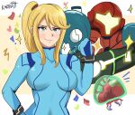  1girl absurdres arm_cannon armor bangs blonde_hair blue_eyes bodysuit glowing gun helmet highres karbuitt long_hair looking_at_viewer metroid metroid_(creature) metroid_dread ponytail power_armor samus_aran science_fiction simple_background solo upper_body visor weapon 