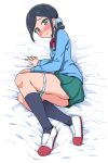  1girl bed_sheet black_hair black_legwear blue_jacket blue_panties blush bow bowtie copyright_request green_skirt grey_eyes hair_ornament hair_scrunchie jacket long_sleeves looking_at_viewer lying miniskirt on_bed on_side panties panty_pull parted_lips pleated_skirt red_bow red_neckwear scrunchie shoes skirt socks solo underwear white_footwear yoban 