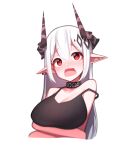  1girl absurdres arknights bangs bare_arms beudelb black_bra blush bra breast_hold breasts cleavage cropped_torso crossed_arms demon_horns earrings embarrassed highres horns infection_monitor_(arknights) jewelry large_breasts long_hair looking_at_viewer mudrock_(arknights) open_mouth pointy_ears red_eyes sidelocks simple_background solo sports_bra tearing_up tears underwear white_background white_hair 