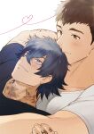  2boys arm_tattoo arm_up black_shirt blue_eyes blue_hair blush brown_eyes brown_hair couple fang finger_tattoo haiki_(tegusu) hair_between_eyes head_on_chest heart highres hug hug_from_behind looking_at_another lying male_focus multiple_boys neck_tattoo on_back original shirt short_hair smile t-shirt tattoo thick_eyebrows undercut upper_body very_short_hair white_shirt yaoi 