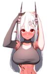  1girl absurdres arknights armpits bangs beudelb blush bra breasts demon_horns elbow_gloves eyebrows_visible_through_hair frown gloves grey_bra grey_gloves hands_on_own_head highres horns infection_monitor_(arknights) large_breasts looking_up medium_hair midriff mudrock_(arknights) oripathy_lesion_(arknights) pointy_ears red_eyes sidelocks simple_background single_glove solo sports_bra underwear upper_body white_background white_hair 