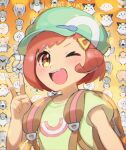  1girl ;d backpack bag bangs brown_bag brown_eyes commentary_request eyebrows_visible_through_hair green_headwear green_shirt hair_ornament hairclip hand_up hat highres one_eye_closed open_mouth pokemon pokemon_(anime) poketoon shirt short_hair short_sleeves smile sprite t-shirt taisa_(lovemokunae) tongue tsubomi_(pokemon) upper_body upper_teeth v 