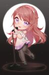 1girl bangs beescuit black_footwear blush bow brown_hair chibi commission english_commentary eyebrows_visible_through_hair head_tilt high_heels holding holding_microphone_stand indie_virtual_youtuber long_hair microphone microphone_stand nina_saotome open_mouth pantyhose pink_bow smile solo virtual_youtuber 
