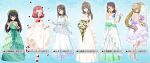  6+girls back bangs bare_arms bare_legs bare_shoulders beige_dress black_hair blonde_hair blue_background blue_footwear blush bouquet bow bracelet breasts bridal_veil brown_eyes brown_hair cake character_name choker cleavage collarbone crown dress eyebrows_visible_through_hair flower food frilled_dress frills girls_und_panzer girls_und_panzer_senshadou_daisakusen! gradient_dress green_bow green_dress green_sash hair_between_eyes head_wreath high_heels highres holding holding_bouquet holding_food holding_instrument holding_plate instrument jewelry kantele kawanishi_shinobu lace-trimmed_dress lace_sleeves lace_trim long_dress long_sleeves looking_at_viewer looking_back mika_(girls_und_panzer) multicolored multicolored_clothes multicolored_dress multiple_girls nail_polish necklace nekonyaa_(girls_und_panzer) official_art one_eye_closed open_mouth parted_hair petals plate purple_bow purple_dress red_hair reizei_mako rose rosehip_(girls_und_panzer) sash see-through shimada_chiyo short_dress shoulder_blades skirt_hold sleeveless sleeveless_dress sling smile strappy_heels swept_bangs tiara two-tone_dress veil wedding_dress white_dress white_footwear 