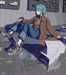  1girl absurdres air_jordan ankle_socks bag beige_sweater belt_buckle blue_eyes blue_hair brown_jacket buckle casual denim grey_footwear hair_ornament hairclip hand_on_own_knee highres jacket jeans long_sleeves looking_to_the_side mahou_shoujo_madoka_magica miki_sayaka open_clothes open_jacket pants shoes short_hair shunken_he sitting sneakers solo sweater turtleneck turtleneck_sweater white_legwear 