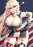  1girl american_flag american_flag_background american_flag_panties bangs belt_buckle blonde_hair blue_eyes breasts buckle cleavage collar elbow_gloves flag_print gloves highres iowa_(kancolle) kantai_collection large_breasts long_hair looking_at_viewer metal_collar mismatched_legwear open_mouth panties solo star-shaped_pupils star_(symbol) swept_bangs symbol-shaped_pupils thighhighs two-tone_skirt underwear uni_(oni_unicorn) 