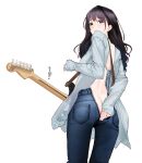  1girl ass bangs black_eyes black_hair blush chinese_commentary denim front-to-back_zipper_pants guitar guitar_onee-san_(hitomi_o) highres hitomi_o instrument jeans long_hair looking_at_viewer no_panties original pants parted_lips sleeves_past_wrists solo_focus white_background 
