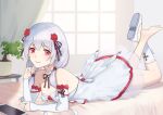  1girl alternate_costume bangs bare_shoulders barefoot bed bed_sheet curtains dress elbow_gloves flower gloves hair_between_eyes hair_flower hair_ornament hand_on_own_cheek hand_on_own_face highres honkai_(series) honkai_impact_3rd hymxiaocyan indoors legs_up looking_at_viewer nail_polish plant red_eyes red_nails rose shoe_soles shoes shoes_removed single_shoe smile soles solo theresa_apocalypse theresa_apocalypse_(luna_kindred) toes twintails vase white_dress white_footwear white_gloves white_hair 