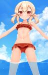  1girl alternate_costume ass_visible_through_thighs bangs blue_sky cloud cloudy_sky clover_print commentary_request denkaisui eyebrows_visible_through_hair genshin_impact hair_between_eyes highres horizon in_water klee_(genshin_impact) light_brown_hair long_hair looking_at_viewer midriff navel ocean orange_eyes outstretched_arms pointy_ears red_swimsuit sidelocks sky smile solo spread_arms swimsuit 