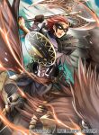  1boy armor axe collared_shirt fire_emblem fire_emblem_awakening fire_emblem_cipher gerome_(fire_emblem) griffin holding holding_axe holding_weapon mask nagahama_megumi open_mouth outdoors red_hair shirt sitting weapon 