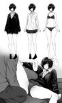  1boy 1girl bangs barefoot blush bra breasts choker greyscale highres looking_at_viewer lying monochrome on_back original panties pleated_skirt school_uniform short_hair skirt sleeves_past_wrists socks spread_legs translation_request underwear variations yanagida_fumita 