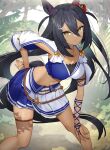  1girl black_hair blue_skirt breasts brown_eyes forest hair_between_eyes hair_ornament hairclip hand_on_hip highres hishi_amazon_(umamusume) horse_girl horse_tail long_hair looking_at_viewer medium_breasts midriff nature navel skirt solo standing sukocchi tail two-tone_skirt umamusume white_skirt 