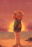  1girl alternate_costume animal_crossing animal_ears barefoot beach blonde_hair cloud dog_ears dog_girl dog_tail from_behind furry hand_in_pocket highres hood hoodie isabelle_(animal_crossing) linmiee rock shirt smile solo standing sunset tail 