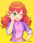 1girl :p aikatsu!_(series) belt blush character_request dress green_eyes hand_on_hip looking_at_viewer ok_sign ok_sign_over_eye one_eye_closed pink_belt purple_dress red_hair simple_background smile solo tongue tongue_out twintails upper_body yellow_background yoban 