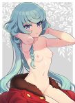  1girl :o aikatsu!_(series) aikatsu_friends! alicia_charlotte armpits arms_up bangs blue_eyes braid breasts buttons coat collarbone eyebrows_visible_through_hair fur_trim green_hair grey_background groin hair_over_shoulder hands_in_hair long_hair looking_at_viewer navel nipples nude purple_eyes red_coat simple_background single_braid sitting small_breasts stomach very_long_hair yoban 