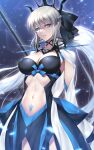  1girl absurdres ahoge bangs black_bow black_dress blue_eyes bow braid breasts center_opening cleavage dress fate/grand_order fate_(series) french_braid grey_hair hair_bow highres large_breasts long_hair long_sleeves looking_at_viewer morgan_le_fay_(fate) nasaniliu navel pelvic_curtain polearm ponytail sidelocks solo spear stomach_tattoo tattoo thighs tiara two-tone_dress very_long_hair weapon white_dress wide_sleeves 
