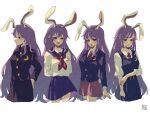  1girl 4girls alternate_costume animal_ears bangs black_jacket blazer blouse blue_skirt bunny_ears buttons collared_blouse highres jacket light_purple_hair long_hair long_sleeves medium_skirt moon_rabbit multiple_girls necktie pink_skirt pleated_skirt puffy_short_sleeves puffy_sleeves purple_hair red_eyes red_neckwear reisen_udongein_inaba school_uniform serafuku short_sleeves skirt sokura_(mochichitose) touhou uniform very_long_hair white_blouse 