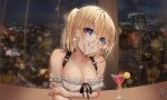  1girl bangs bar bare_shoulders bespectacled blonde_hair blue_eyes blue_nails blunt_bangs breasts cleavage cocktail_glass collarbone cup drinking_glass earrings eyebrows_visible_through_hair fingernails glasses gold_earrings grin heart heart_earrings highres hololive hololive_english jewelry large_breasts looking_at_viewer martini may_alice_(artist) off_shoulder round_eyewear smile solo sparkle teeth virtual_youtuber watson_amelia window 