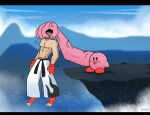  1boy black_hair blue_eyes breasts cleavage gloves highres kirby kirby_(series) male_focus mishima_kazuya muscular pants red_eyes role_reversal scar shirtless short_hair simple_background super_smash_bros. tekken thegreyzen thick_eyebrows volcano 