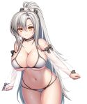  1girl absurdres asamura_hiori azur_lane bangs bare_shoulders bikini black_choker blush bow breasts choker cleavage clenched_hands closed_mouth collarbone commentary_request cowboy_shot detached_sleeves drake_(azur_lane) drake_(the_golden_hind&#039;s_respite)_(azur_lane) eyebrows_visible_through_hair frown grey_hair groin hair_between_eyes hair_bow high_ponytail highres large_breasts long_hair looking_at_viewer multi-strapped_bikini navel official_alternate_costume partial_commentary ponytail redrawn see-through see-through_sleeves sidelocks simple_background skindentation solo standing stomach swimsuit thigh_gap underboob very_long_hair white_background white_bikini yellow_eyes 