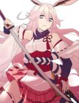  1girl animal_ears armpits bangs bare_shoulders blurry blurry_foreground closed_mouth fox_ears hair_between_eyes highres honkai_(series) honkai_impact_3rd katana kneehighs looking_at_viewer mywaffuru pink_hair purple_eyes sheath sheathed sheathing simple_background skirt solo sword weapon white_background white_legwear yae_sakura yae_sakura_(gyakushinn_miko) 