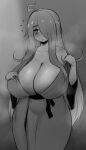  1girl adjusting_clothes bare_shoulders belt black_belt breasts cleavage eyebrows_visible_through_hair greyscale hair_over_one_eye highres huge_breasts japanese_clothes kimono long_hair looking_down loose_clothes monochrome original roresu simple_background standing steam sweat 