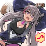  azur_lane baseball_cap blush breasts cleavage commentary_request grey_hair hair_horns hair_ribbon hat jacket large_breasts long_hair multicolored_hair musical_note open_mouth pink_eyes pink_hair ribbon san_francisco_(azur_lane) smile spoken_musical_note streaked_hair swinging tsuzuri_(tuzuri) 