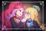  2girls :d aikatsu!_(series) aikatsu_stars! big_hair black_jacket blonde_hair blue_bow blue_eyes blue_neckwear blush bow bowtie braid crown_braid drill_locks framed from_side hair_bow jacket long_sleeves multicolored_hair multiple_girls open_mouth parted_lips purple_hair red_bow red_eyes red_hair red_neckwear shiratori_hime smile two-tone_hair yoban yuri 