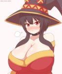  absurdres alternate_breast_size bare_shoulders blush breast_hold breasts brown_hair choker cleavage doyagao hat highres huge_breasts kono_subarashii_sekai_ni_shukufuku_wo! megumin numen red_eyes sidelocks smile smug twitter_username upper_body witch_hat 