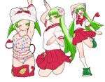  1girl :d blush breasts eyebrows_visible_through_hair fang fang_out green_eyes green_hair kneehighs long_hair looking_at_viewer mairimashita!_iruma-kun open_mouth panties pleated_skirt pointy_ears school_uniform serafuku sharp_teeth simple_background skirt slippers smile tail teeth underwear undressing valac_clara white_background white_legwear yanagida_fumita 