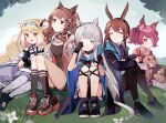  5girls :d ^_^ absurdres amiya_(arknights) angelina_(arknights) animal_ear_fluff animal_ears arknights bangs bare_shoulders black_footwear black_jacket black_legwear black_shorts black_skirt blonde_hair blue_hairband blush breasts brown_eyes brown_hair bunny_ears cat_ears cat_girl cat_tail closed_eyes closed_mouth commentary_request day eyebrows_visible_through_hair flower fox_ears fox_girl fox_tail green_eyes grey_hair hairband hand_up highres jacket knees_up multiple_girls on_grass open_clothes open_jacket open_mouth outdoors pantyhose pleated_skirt purple_hair purple_neckwear purple_skirt red_eyes red_hairband rippajun rosmontis_(arknights) rubbing_eyes shamare_(arknights) shirt shoes short_shorts shorts sitting skirt small_breasts smile socks stuffed_animal stuffed_toy suzuran_(arknights) tail twintails white_flower white_jacket white_legwear white_shirt 