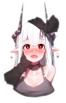  1girl absurdres arknights bangs beudelb black_gloves black_shirt blush bra breasts cleavage cropped_torso demon_horns disembodied_limb embarrassed eyebrows_visible_through_hair fangs gloves grey_bra hand_on_another&#039;s_cheek hand_on_another&#039;s_face headpat heart heart-shaped_pupils highres horns infection_monitor_(arknights) large_breasts long_sleeves looking_at_viewer medium_hair mudrock_(arknights) open_mouth pointy_ears red_eyes shirt sidelocks simple_background solo sports_bra stroking_cheek symbol-shaped_pupils underwear upper_teeth white_background white_hair 