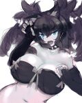  1girl animal_ears bangs bare_shoulders big_hair blue_eyes bone_necklace bow breasts cerberus_(kemono_friends) claw_pose cleavage collar dog_ears dutch_angle elbow_gloves extra_ears eyebrows_visible_through_hair fang fingerless_gloves fingernails gloves glowing glowing_eyes glowing_hair hair_between_eyes head_tilt highres huge_breasts kemono_friends looking_at_viewer navel open_mouth scar scar_across_eye sharp_fingernails shibori_kasu sidelocks sketch smile solo spiked_collar spikes spot_color stomach strapless tubetop two_side_up upper_body 