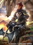  1boy armor axe collared_shirt fire_emblem fire_emblem_awakening fire_emblem_cipher gerome_(fire_emblem) holding holding_axe holding_weapon mask mask_removed minerva_(fire_emblem_awakening) mountain mountainous_horizon nagahama_megumi outdoors red_hair shirt sitting weapon 