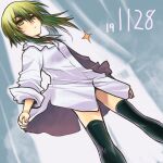  1girl bangs black_legwear breasts closed_mouth dated eyebrows_visible_through_hair green_eyes green_hair hair_between_eyes hekikai_no_aion highres kagesaki_yuna miyazaki_seine oversized_clothes oversized_shirt shirt short_hair_with_long_locks simple_background small_breasts solo sparkle thighhighs white_shirt 