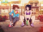  2girls :d bare_shoulders bike_shorts black_hair blue_jacket blurry blurry_background blush bottle breasts brown_eyes building cleavage collarbone copyright_name day depth_of_field eye_contact fence flower full_body hair_ornament hair_scrunchie hibike!_euphonium highres holding holding_bottle jacket kousaka_reina long_sleeves looking_at_another medium_breasts multiple_girls navel off_shoulder on_ground open_clothes open_jacket open_mouth oumae_kumiko outdoors pants plant ponytail potted_plant purple_eyes purple_footwear red_flower red_footwear sbel02 scrunchie shoes short_hair short_ponytail single_bare_shoulder sitting sleeves_past_wrists smile sneakers socks spread_legs stomach sunlight town track_jacket upper_teeth wristband yoga_pants 