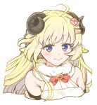  1girl bare_shoulders blonde_hair blue_eyes blush bow bowtie brooch closed_mouth cropped_torso curled_horns eyebrows_visible_through_hair hair_ornament hairclip highres hololive horns jewelry looking_at_viewer purple_eyes red_bow red_neckwear simple_background smile solo tsunomaki_watame upper_body white_background yoban 
