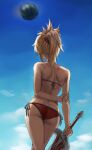  1girl arms_behind_back ass bikini blonde_hair blue_sky cloud day fate/apocrypha fate_(series) food from_behind fruit hand_on_own_arm highres holding holding_sword holding_weapon mordred_(fate) mordred_(fate)_(all) outdoors ponytail red_bikini short_hair sky solo swimsuit sword tonee watermelon weapon 