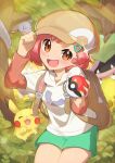  1girl :d absurdres arbok backpack bag bangs blush brown_bag brown_eyes brown_headwear commentary_request day eyelashes gen_1_pokemon green_shorts hair_ornament hairclip hand_on_headwear hat highres holding holding_poke_ball open_mouth outdoors pikachu pink_hair poke_ball poke_ball_(basic) pokemon pokemon_(anime) pokemon_(creature) poketoon short_hair short_sleeves shorts smile taisa_(lovemokunae) tongue tree tsubomi_(pokemon) v-shaped_eyebrows victreebel 