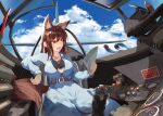 1girl aircraft airplane animal_ear_fluff animal_ears belt bird breasts brown_hair cleavage fang highres imaizumi_kagerou jewelry kagami_toufu leather_belt lever long_hair map monster_girl necklace outdoors pendant red_eyes sky tail touhou wolf_ears wolf_tail 