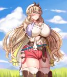  1girl atelier_(series) atelier_ryza blonde_hair blush breasts cosplay cowboy_shot crossed_arms curvy fate/grand_order fate_(series) gawain_(fairy_knight)_(fate) green_eyes highres huge_breasts jewelry large_breasts long_hair looking_at_viewer necklace plump red_shorts reisalin_stout reisalin_stout_(cosplay) round-bottom_flask short_shorts shorts sleeveless sleeveless_jacket solo star_(symbol) star_necklace tall_female very_long_hair vial yakisobapan_tarou_&amp;_negitoro-ko 