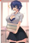  1girl blue_eyes blue_hair breast_rest breasts bursting_breasts carried_breast_rest hair_between_eyes highres large_breasts open_mouth patreon_username persona persona_4 pleated_skirt popped_button school_uniform shirogane_naoto shirt short_hair skirt solo white_shirt xhaart 