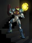  1girl absurdres arm_cannon armor full_body guilhermerm helmet highres metroid metroid_dread power_armor samus_aran science_fiction sidelocks simple_background solo stairs varia_suit visor weapon 