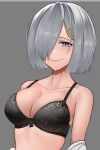  1girl black_bra blue_eyes bra breasts cleavage collarbone commentary_request grey_background hair_ornament hair_over_one_eye hairclip hamakaze_(kancolle) harris_hero kantai_collection large_breasts short_hair silver_hair simple_background solo underwear upper_body 