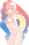  1girl absurdres arms_behind_back bangs bare_arms bare_shoulders bikini blue_background blush breasts brown_eyes cleavage cowboy_shot danganronpa_(series) danganronpa_2:_goodbye_despair danganronpa_s:_ultimate_summer_camp flipped_hair grey_bikini halterneck highres innertube jewelry medium_breasts multicolored multicolored_background nanami_chiaki navel necklace pink_eyes red_background shiny shiny_hair smile solo stomach swimsuit tuteurfars_shin twitter_username white_background 