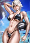  1girl abs arm_up bare_shoulders bikini black_bikini breasts christie_(doa) commentary dandon_fuga dead_or_alive highres large_breasts lips looking_at_viewer navel palm_tree purple_eyes short_hair smile solo swimsuit thighs tree volleyball volleyball_net white_hair 