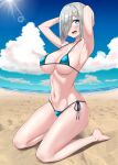  1girl arms_behind_head bikini blue_bikini blue_eyes blue_sky breasts burusuta cloud commentary_request day eyes_visible_through_hair hair_ornament hair_over_one_eye hairclip hamakaze_(kancolle) highres kantai_collection kneeling large_breasts looking_at_viewer outdoors short_hair side-tie_bikini silver_hair sky smile solo swimsuit 